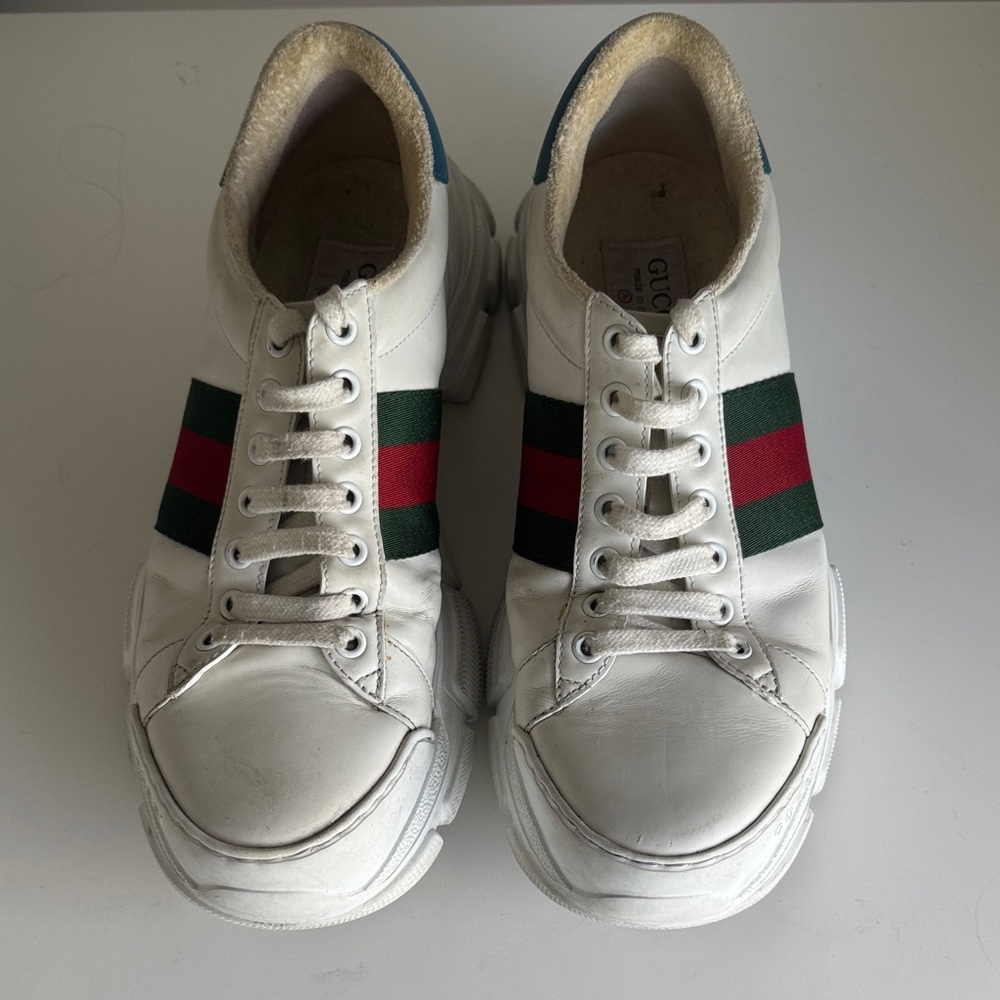 Gucci Men's White Sneakers with Red and Green Accents (unisex woman’s size 41).